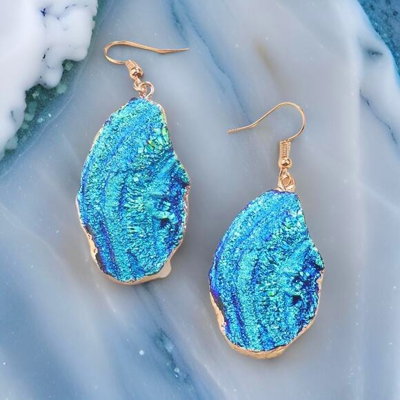 New Long Natural Crystal Geode Blue Iridescent Gold Bezel Earrings Quartz Druzy - Picture 1 of 2